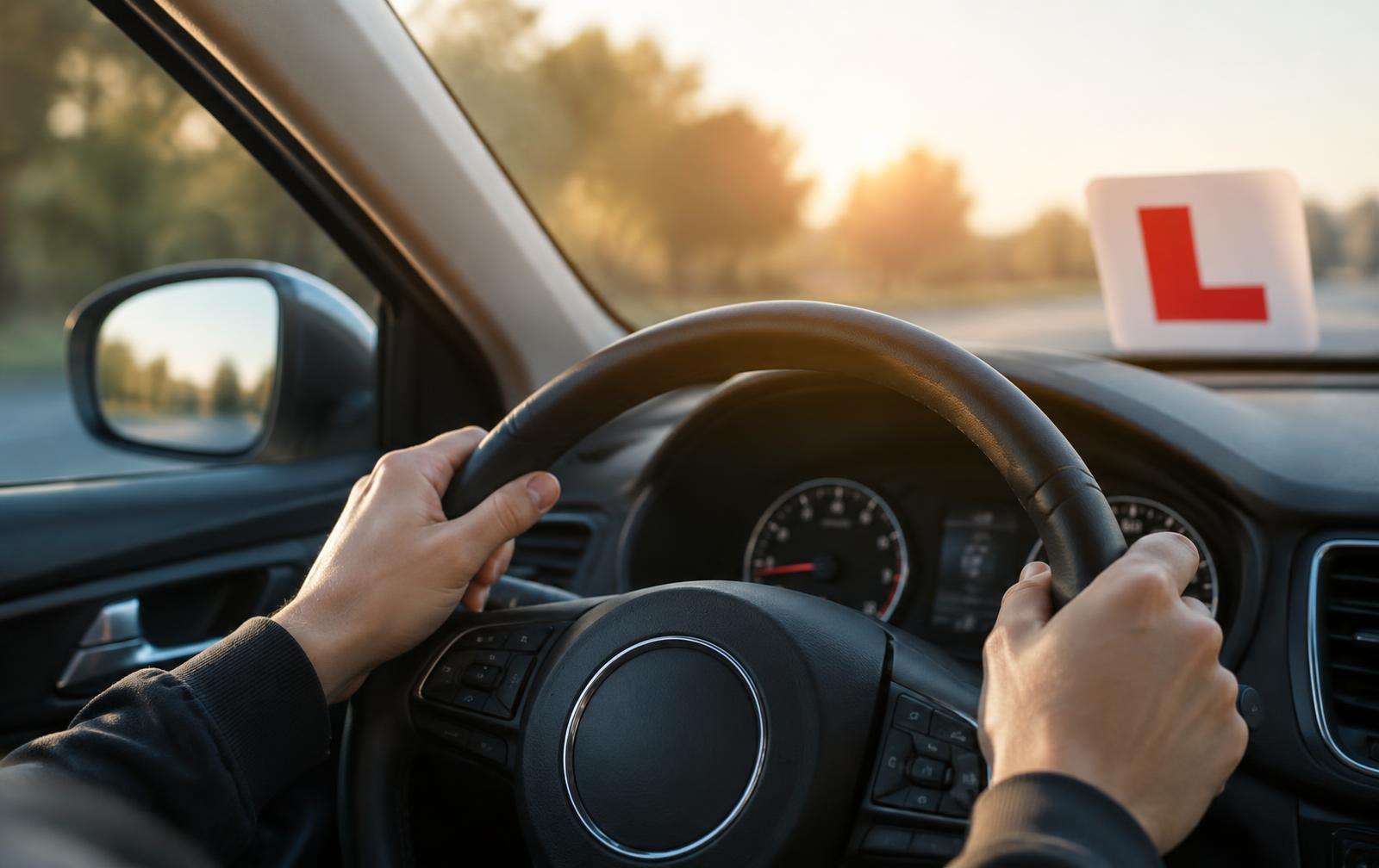 Mãos ao volante de uma viatura de instrução com placa de aprendizagem