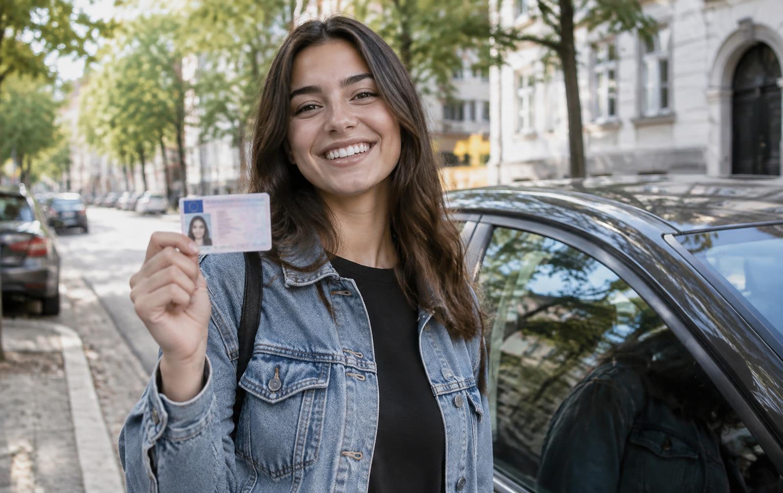 Jovem condutora com a carta de condução na mão junto a um automóvel