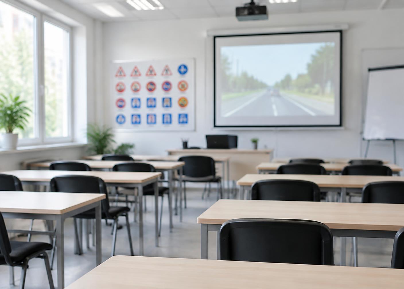 Sala de formação teórica de uma escola de condução